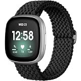 Maledan Sport Elastic Band Compatible for Fitbit Sense/Versa 3/Fitbit Versa 4/Sense 2 Bands Men Women, Breathable Nylon Stretchy Solo Loop Replacement Bands for Versa 3/ Versa 4, Black