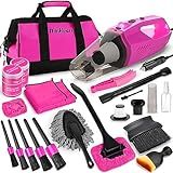 ThinkLearn Car Cleaning Kit, Car Vacuum Detailing Kit Interior with High Power Handheld Vacuum, Including 7Pcs Detailing Brush Set, Windshield Cleaner, Pink Car Accessories for Women