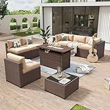Aoxun 8 Piece Patio Furniture Set with 44” Fire Pit Table Wicker Rattan Outdoor Sectional Sofa Set with Coffee Table and Thickened Cushions, Beige (Waterproof Cover Included)