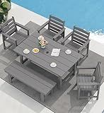 SERWALL Patio Dining Table and Bench Set for 6, Gray