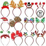 HOVACY 12 Pieces Christmas Headbands, Cute Xmas Head Toppers, Various Design Santa Hat Christmas Tree Snowman Reindeer Antler Headwears for Christmas Party Favors, Christmas Decorations
