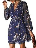 CUPSHE Womens Floral Mini Dress Long Sleeve Casual Flowy Dresses Navy, L