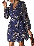 CUPSHE Women's Floral Print Sheer Chiffon A-Line Mini Dress Long Peasant Sleeves Elastic Autumn Dress,L