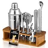 KITESSENSU Cocktail Shaker Set Bartender Kit with Stand | Bar Set Drink Mixer Set with All Essential Accessory Tools: Martini Shaker, Jigger, Strainer, Mixer Spoon, Muddler, Liquor Pourers |Silver