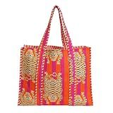 Floral Cotton Tiger Block Print Tote Bag, Indian Handmade Shopping Shoulder Beach Bag, Unisex Market Daily Use (1, DN 37)