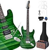 Leo Jaymz 39" Full Size ST Style Electric Guitar Starter Kit with SSH Pickup, 5W Portable Amp, Tuner, Gig Bag, Strap & Accessories (Green Flame)