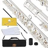 Glory Silver Plated Intermediate 17keys, Open/closed Hole C Flute with B Foot Joint,Offset G, with Case,cleaning Rod, Joint Grease, Cloth and Gloves