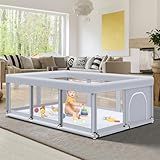 Fshibila 74" ×50" Large Baby Playpen, Baby Playard for Babies and Toddlers, Baby Fence Play Pens for Indoor & Outdoor, Sturdy Safety Play Yard with Soft Breathable Mesh, Anti-Fall, Grey