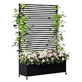 Metal Planter Box with Trellis Privacy Screen, Raised Garden Bed with Trellis & Wheels, Privacy Planters for Patio, Planter Box with Drainage Holes for Climbing Plants, Flower, 73"x 47"x 16", Black