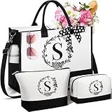 Personalized Gifts for Women, Initial Canvas Tote Bag & Makeup Bag Monogrammed Beach Tote Bags for Women w/ Zipper, Mothers Day Birthday Gifts for Mom Her Wife Girlfriend Sister Best Friend Teacher