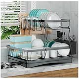 7 code Large Dish Drying Rack for Kitchen Counter, Detachable Large Capacity Dish Drainer Organizer, 2-Tier Dish Racks with Utensil Holder, Black