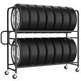 GIOTORENT Tire Rack, 57"x19.7"x59" Rolling Tire Storage Rack for Garage with 4 Swivel Casters, Adjustable Tire Stand with Storage Shelves, Heavy Duty Garage Storage Rack with Wheels for Spare Tires