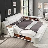 ModaWhly Smart Queen Bed Frame, White Multifunctional Bed with Massage Recliner, Modern Luxury Bed Frame with Music Speaker, USB Charging Station, Adjustable Headboard, Bedroom Furniture