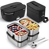 ESOHOT Heated Lunch Box,120W Electric Lunch Box for Adults with 1.5L 304 Stainless Steel Container, 12V/24V/110V Lonchera Eléctrica Portátil for Travel,Work,Car,Truck (Pure Black, 1.5L x 4)