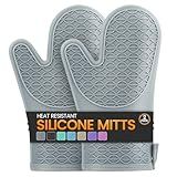 Silicone Oven Mitts, Heat Resistant 2PCS Oven Mitts with Soft Cotton Lining, Waterproof Non-Slip Grip Oven Glove, Kitchen Potholder Mits for BBQ, Baking, Cooking, 12.5 Inch - Grey