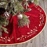 Bunny Chorus Christmas Tree Skirt, 48 inches Red Luxury Velvet Plush Fur Skirts with Gold Embroidered Holly Leaf for Rustic Xmas Tree Holiday Decorations