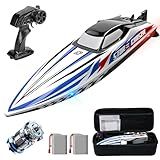 DEERC 16" Brushless RC Boat for Adults, Hobby Grade 35+ KPH Remote Control Racing Boat with 3S Power, Self-Righting, Metal Drive Shaft, 2 * 2000mAh Batteries and Carrying Case for Lakes and Pools