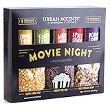 Urban Accents Movie Night Small-Batch Popcorn Gift Set – Includes 3 Gourmet non-GMO Popcorn Kernel Varieties & 5 Flavorful Seasonings – Perfect Snack Gift Box for Parties, Holidays, or Movie Lovers
