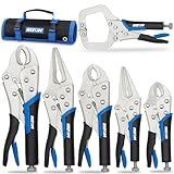 Rizom Vice Grips Pliers Set, 6-Piece Locking Pliers Set, 6-1/2”, 9-1/2” Needle Nose Vice Grips, 5”, 7” and 10” Curved Jaw Vise Grip, 6” C-clamp Locking Pliers, Fast Release with Rolling Pouch