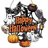 Halloween Door Decoration Wooden Ghost Wreath for Front Door Sign Pumpkin Bat Witch Wreath Hanging for Home Wall Decor Halloween Party Outdoor Indoor Supply