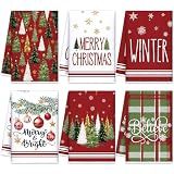 Oudain 6 Pcs Christmas Kitchen Towels Red Green Xmas Tree Tea Dishtowels Decorative Plaid Bathroom Hand Towel Farmhouse Red Green Christmas Decorations for Kitchen Bath Housewarming Home Gifts