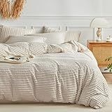 WARMDERN Boho Duvet Cover Set Queen Size,Khaki Striped Duvet Cover Microfiber Bedding Set,3PCS Ultra Soft Breathable Lightweight Tuft Texture Pattern Duvet Covers with Zipper Closure(Khaki,Queen)