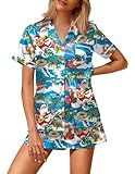 Ekouaer Silk Satin Pajamas 2 Piece Pajamas for Women Set Button Down PJ Short Sleeve and Shorts Pjs Lounge Sets Blue Santa Claus L