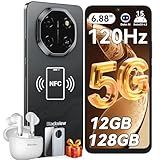 Blackview Shark 6 Unlocked Android Phones 5G (2025), Android 15 Cell Phone Unlocked, 6.88" 120Hz Display, 12GB+128GB/2TB, 16MP+8MP AI Camera, 5000mAh/18W,Fingerprint/Face ID,Dual SIM/GPS/OTG/NFC,Black