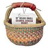 Africa Heartwood Project - Deluxe Colorful African Basket with Leather Handles - Handmade from dried Elephant Grass, Hand-Woven by Women in Bolgatanga, Ghana - Small 10" Round (Flat-packed)