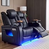Home Theater Seating LoveSeat with Lighting Armrest, Game Movie Theater Chairs Theater Recliner Sofa with 7 Colors Ambient Lighting, Lumbar Pillow, Side Pocket, Tray Table, Power Recline, Black
