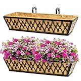 Karlliu 2 Pack 24 Inch Window Boxes Planters Railing Planter Box with Adjustable Brackets for Porch Fence Patio Balcony Hanging Flower Baskets with Coco Liners for Outdoor Garden Décor - Black