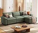 LINSY HOME 123" Modular L-Shaped Sectional Sofa, 3-Seat Corduroy Modern Cloud Couch with Deep Seat & 1 Movable Ottoman, Perfect for Living Room, Office, Bedroom, Green