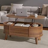 LYNCOHOME 43.3'' Fluted Lift Top Coffee Table with Storage,Modern Oval Coffee Table for Living Room or Home Office（Walnut）