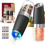 CIRCLE JOY Gravity Electric Salt and Pepper Grinder Set Automatic Salt and Pepper Grinder Set with LED Light, Battery Operated, Adjustable Coarseness, Large Capacity, for Home Kitchen BBQ, Black