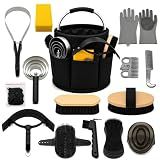 ZMXFXBD Horse Grooming Kit, 15-Piece Horse Brush Set with Tote Bag, Long Shedding Blade, Hoof Pick, Curry Comb, Sweat Scraper, Mane and Tail Comb, Gloves, Equine Grooming Supplies, Black