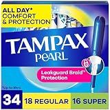 Tampax Pearl Tampons for Women Multipack, with LeakGuard Braid, Regular/Super Absorbency, Unscented, 34 Count