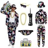 PWQMGY Retro 80s 90s Outfit for Men - 8-Piece Vintage 80s Halloween Costumes for Men-Tracksuit Set with Hip-Hop Accessories (Black, XL)