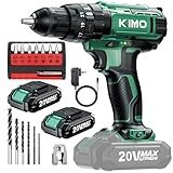 KIMO Hammer Drill - 20V 2X Battery Hammer Drill Cordless Drill Set, 350 In-lb Torque, 3/8" Keyless Chuck, 1350 RPM, 21+3 Position,14pcs Drill/Driver Bits, Power Drill Drivers for Concrete Brick Wall