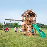 Backyard Discovery Highlander Cedar Wood Swing Set with Wave Slide, Three-Story Clubhouse, Rock Wall, Picnic Table, Belt Swings, Web Swing, Sandbox, Three Ladders, Toy Accessories, Outdoor Playset