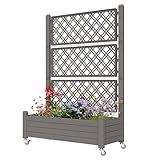WTFGO Resin Raised Garden Bed with Trellis and Wheels - Plasitc Planter Box with Trellis Outdoor with Drainage Holes & Water Monitor for Climbing Plants, Flower, Gray(61.2" H)