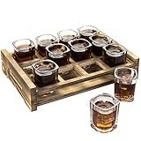 MyGift Shot Glass Serving Set Includes 12 Square Shot Glasses and Burnt Brown Wood Slotted Server Tray