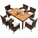 Shintenchi 7 Pieces Patio Dining Set, Wicker Patio Furniture Set with Wood Table Top, Outdoor Dining Table and Chairs with Soft Cushions for Backyard, Deck and Garden, Brown Rattan