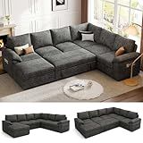SUAWY 108 Inch Sectional Sleeper Sofa with Pull Out Bed, U Shaped 7 Seat Modular Sectional Sofa with Storage, Sectional Couches for Living Room, Cloud Modular Couch,Removable Sofa Cover, Dark Grey