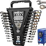 Premium 12-Piece Metric Ratchet Wrenches Set with Magnetic Organizer 8mm-19 mm, 72-Tooth Ratcheting Wrench Set, Cr-V Steel Ratchet Combination Wrench Set for Automotive, Machine Repair