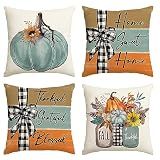 AVOIN colorlife Fall Pumpkin Home Sweet Home Throw Pillow Covers, 18 x 18 Inch Autumn Thankful Grateful Blessed Harvest Floral Decorations for Sofa Couch Set of 4
