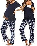 Ekouaer Women's Maternity Nursing Pajamas Set Breastfeeding Sleepwear Short Sleeve Top & Pants Pjs for Pregnant Printed Navy Blue Print L