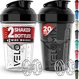 VELOMIX 2 Pack 20oz Protein Shaker Bottle for Protein Mixes, Black/Transpar