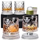 NORIMODA Spinning Whiskey Glasses Set of 4 With Iceball Molds, 9.5oz Lead-free Rotating Old Fashioned Rocks Glasses for Bourbon, Scotch, Liquor and Cocktails, Gifts for Whiskey-lovers