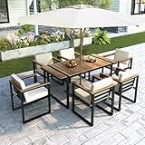 7 Pieces Patio Dining Set, Outdoor Furniture Conversation Sets, Garden Club Dining Set with 6 Chairs & 1 Table with Umbrella Hole, Acacia Wood Patio Furniture for Patio Garden Poolside, Beige