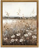 KBKBART Vintage Wall Art Framed, Retro Countryside Autumn Wildflower Field Landscape Canvas Painting Farmhouse Decor Wall Art, Rustic Fall Landscape Bathroom Wall Decor for Bedroom Living Room,